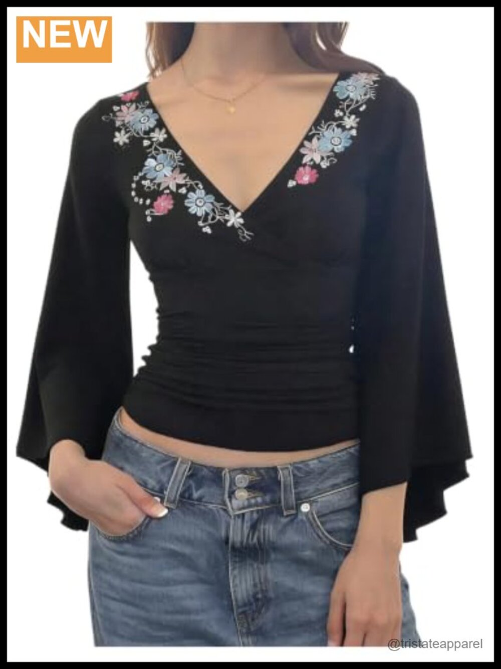 Floral Embroidered Wrap V Neck Blouse Ruched Long Sleeve Top Blouse